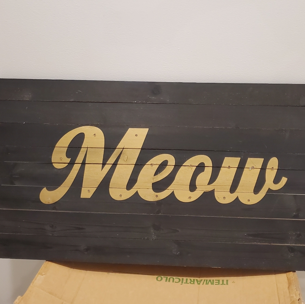 "Meow" Boho Wooden Wall art with string lights